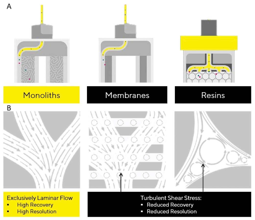 Cross sections of different chromatography media (A) and zoom ins (B) showing the flow strata. Turbulence occurs if the flow of fluid disrupts, forming eddies and vortices. This chaotic movement results in turbulent shear stress