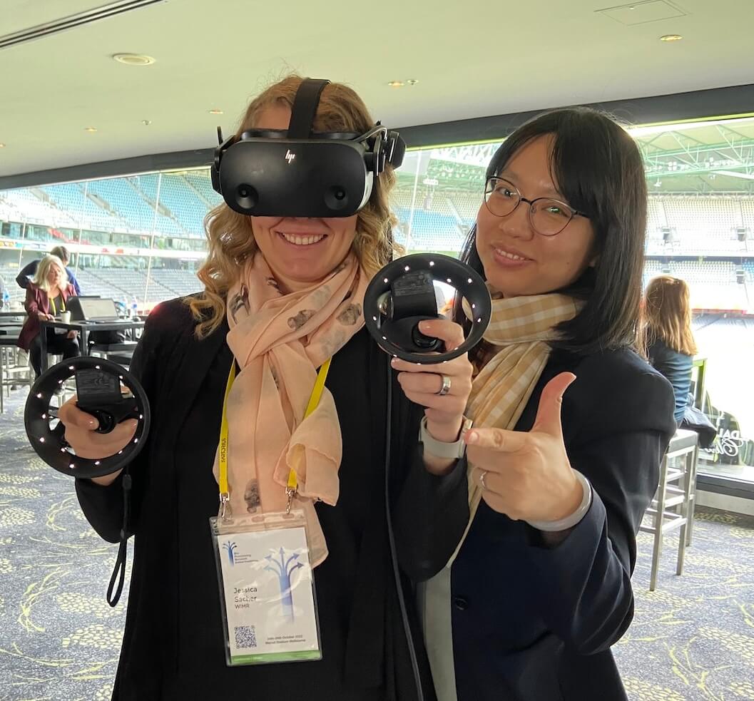 Fig 3. Me with one of Cytiva’s representatives, working through a virtual reality training module where it felt like I was really operating a massive bioprocessing instrument! I could actually reach out and touch things, feel like I was physically controlling the machine, picking up tools and tubing and attaching them.