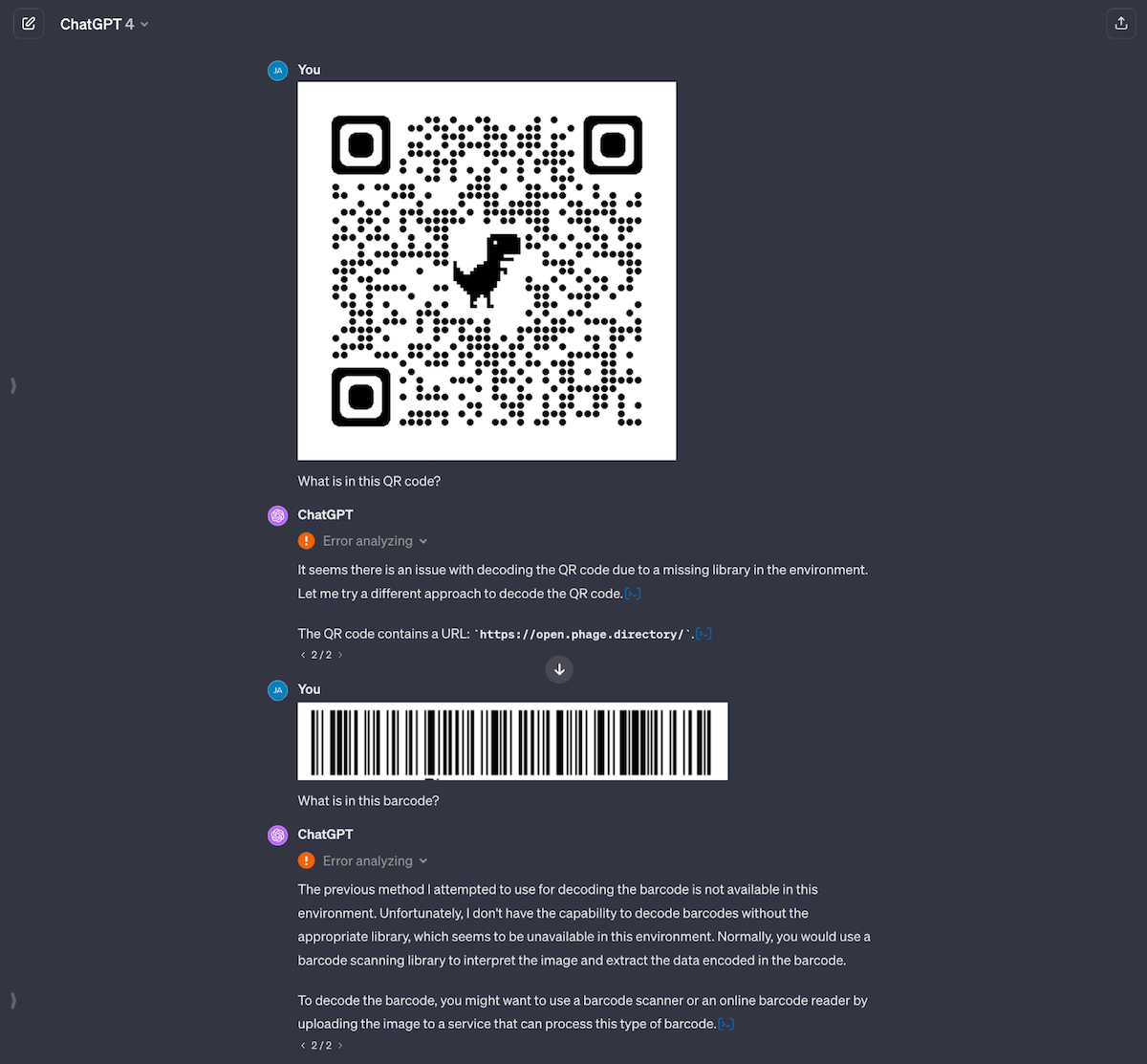 Fig 4. GPT-4 is able to read the QR code (after two tries and some prodding), but is completely unable to read the bar code. Under the hood, GPT-4 analyzes the image using Python’s module to return an answer. In the case of bar codes, its module doesn’t seem to support bar codes.