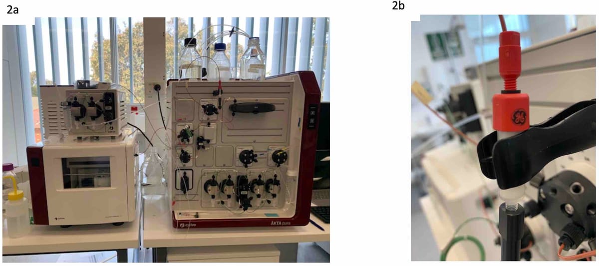 Figure 2. a) AKTA pure, again used in phage purification but the endotoxin removal stage of phage purification; b) the column used to remove the endotoxins from the phage preparation