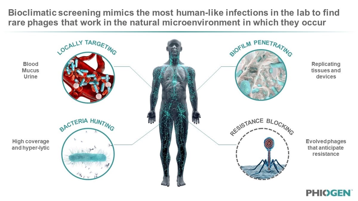 Figure 3: Bioclimatic screening allows for the modelling of phage-bacteria interactions in the body to find rare phages with superior anti-bacterial functions that normally get missed during the current standard of testing via LB or TSB plates and Agar.