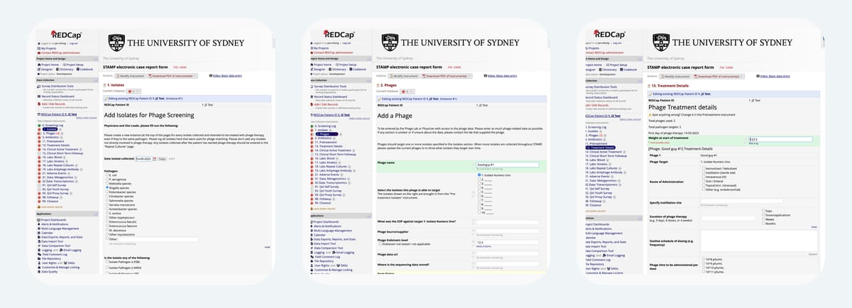 Fig 2. For STAMP, our Isolate and Phage instruments collect information about each item, and the Treatment Details instrument lets users enter details about each isolate x phage combination. Full image