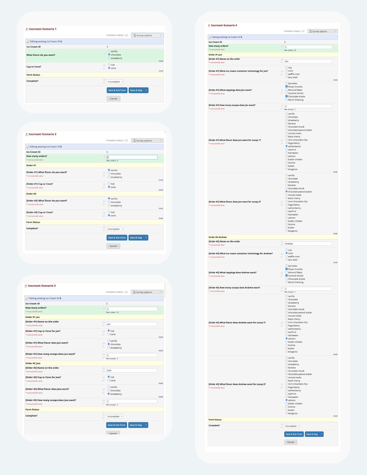 Fig 6. During the development process to figure out REDCap’s capabilities, I’d created these four different increasingly complex Ice Cap ordering scenarios. The first scenario has no permutations, and only uses two fields. The second scenario displays order forms up to five orders, and uses 11 fields. The third scenario is similar to the second one but has a limit of 10 orders; this uses 41 fields. The fourth scenario shows how you can “nest” permutations, by first asking for x number of orders, then for each order, ask y number of scoops; this uses 71 fields. Functionally, scenario 4 is similar to the final example, but with fewer choices and without the fancy bells and whistles. Full image