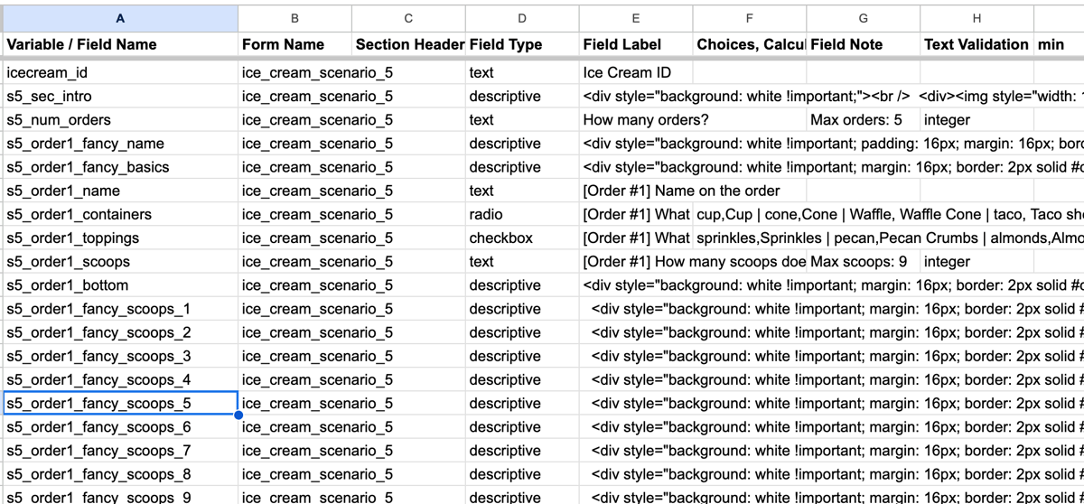 Fig 7. Notice how the variable names use a combination of names, numbers, underscores, and shorthands to make it quick to understand combinations / permutations, and what each field is supposed to do.