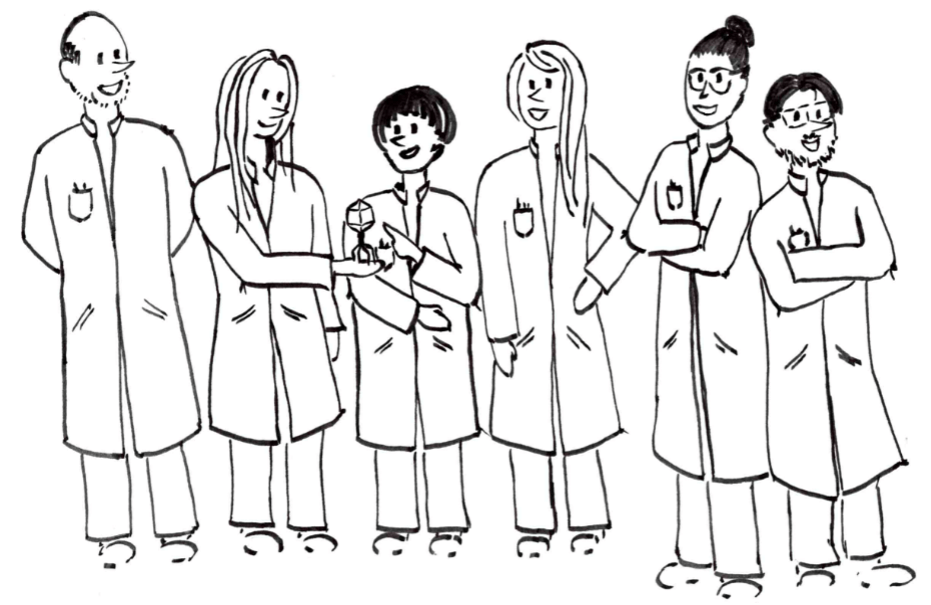 Picture one. The Swiss Phage Engineers! (L to R) Prof. Martin J. Loessner, Alexandra Svorjova, Jiemin Du, Dr. Susanne Meile, Dr. Sam Kilcher, Dr. Matt Dunne. Cartoon by Zoé Kürsteiner, ETH Zurich.